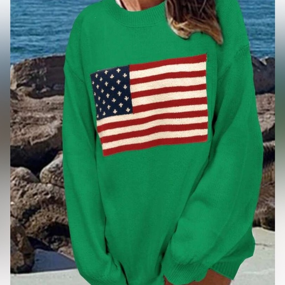 AMERICAN FLAG GREEN LIGHT WEIGHT SWEATER!!! Adorable!S - Picture 1 of 7